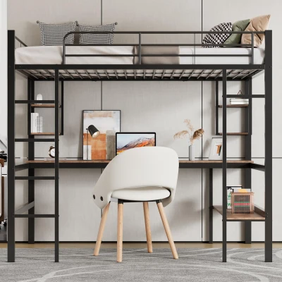 Letto a soppalco 90x200 cm in metallo con scrivania e scaffali, Nero