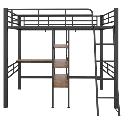 Letto a soppalco con scrivania, mensola, corrimano e scaletta in metallo, 90 x 200 cm, senza materasso, Nero