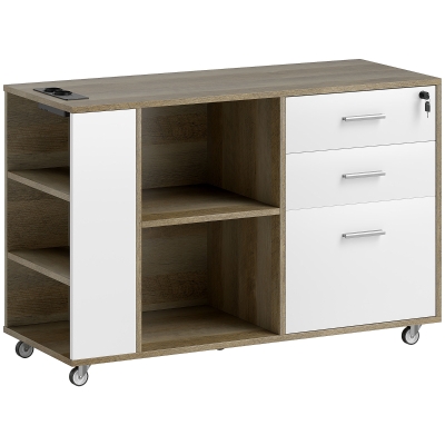 HOMCOM Armário Arquivador de Escritório com Rodas 3 Gavetas Estação de Carga Fechadura e Prateleiras 100x40x65,5 cm Marrom Acinzentado