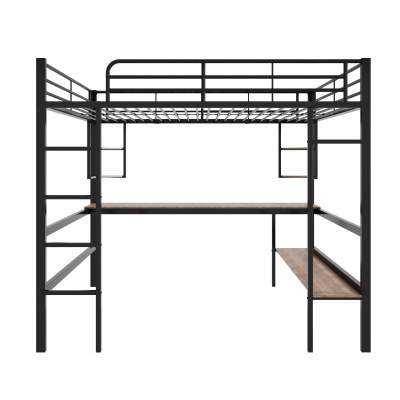 Letto a soppalco 140x200 cm in metallo con scrivania e scaffali, Nero