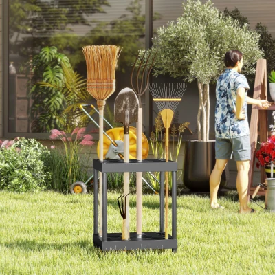 Outsunny Support Outils Jardin 16 Compartiments 2 Niveaux Noir