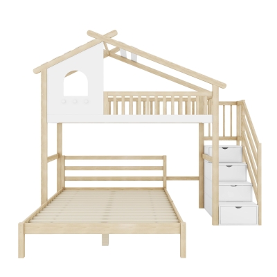 Letto a soppalco 90×200 cm con scaletta contenitore per bambini, Legno naturale e Bianco