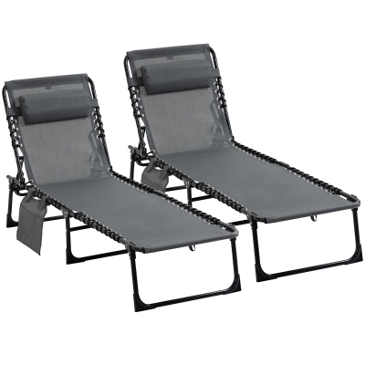 Outsunny Conjunto de 2 Tumbonas Plegables con Respaldo Ajustable Reposacabezas y Estructura de Acero 185x58x30 cm Gris