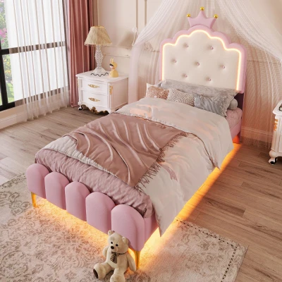 Letto imbottito 90x200 cm con rete a doghe, Rosa