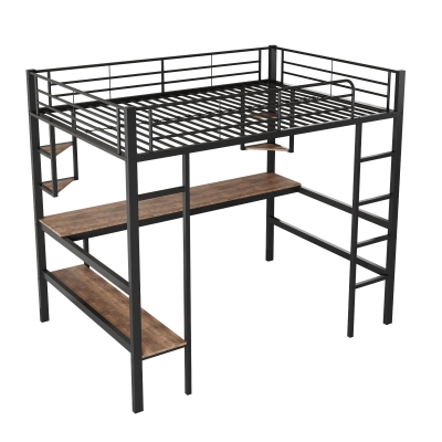 Letto a soppalco 90x200 cm in metallo con scrivania e scaffali, senza materasso, Nero