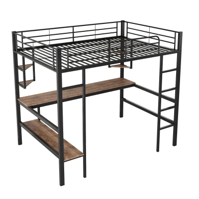 Letto a soppalco 90x200 cm in metallo con scrivania e scaffali, Nero