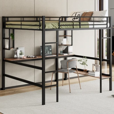 Letto a soppalco 140x200 cm in metallo con scrivania e scaffali, Nero