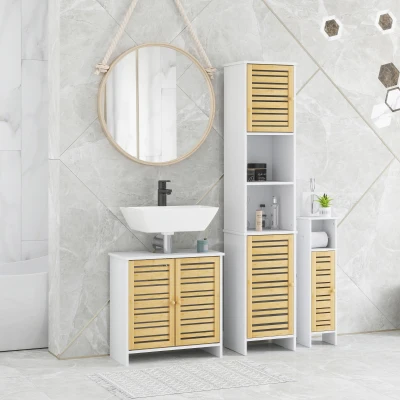 Conjunto de Muebles para Baño con Mueble para Lavabo Columna y Armario Auxiliar Estantes Ajustables Sistema Anti-vuelco