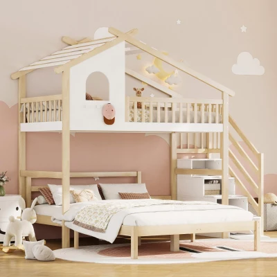 Letto a soppalco 90×200 cm con scaletta contenitore per bambini, Legno naturale e Bianco