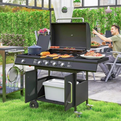 Outsunny Gasgrill 15,2 KW Grillwagen inkl 5 Edelstahl-Brenner Rolle Seitenkocher 129,5 x 56 x 110 cm Schwarz