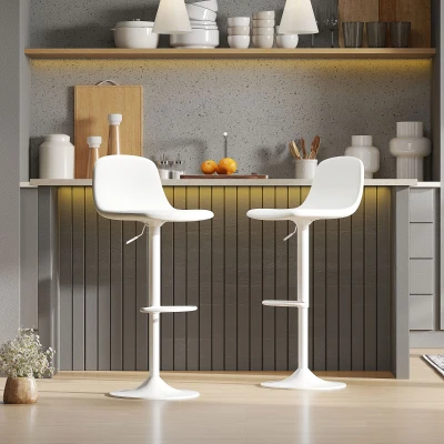 HOMCOM Conjunto 2 Taburetes Altos Ajustables 360° con Respaldo y Reposapiés para Cocina Bar o Comedor 40,5x44x84-104 cm Blanco