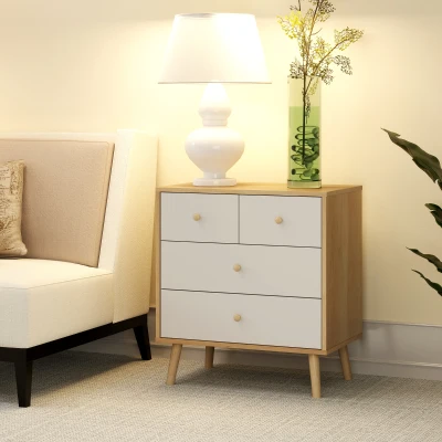HOMCOM Cômoda de 4 Gavetas com Puxadores de Madeira Cómoda Estreita para Sala Corredor 60x35x65 cm Madeira e Branco