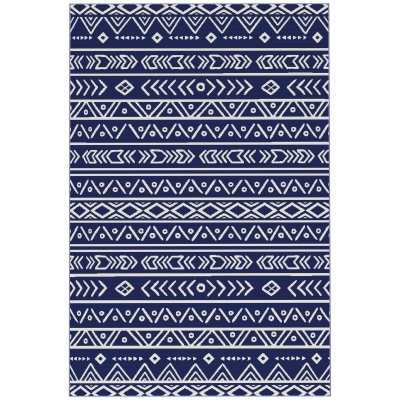 Outsunny Alfombra de Exterior Reversible 182x274 cm con Patrón Geométrico de Cenefa Impermeable con Bolsa Azul y Blanco