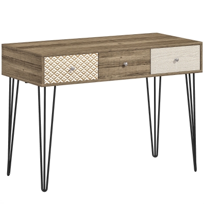 HOMCOM Secretária Estilo Boémio Mesa Secretária com 3 Gavetas e Pés de Ferro para Escritório Dormitório Tocador 105x50x75 cm Madeira