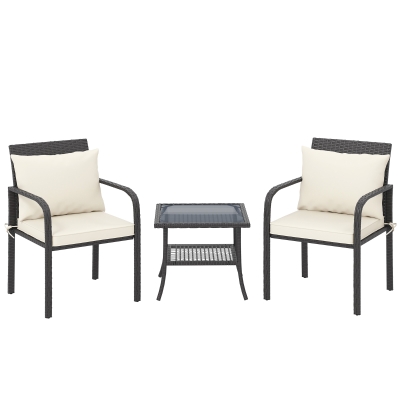 Outsunny Conjunto de Jardim de 3 Peças com 2 Cadeiras e Mesa com Prateleira e Bancada de Vidro Marrom Escuro e Creme