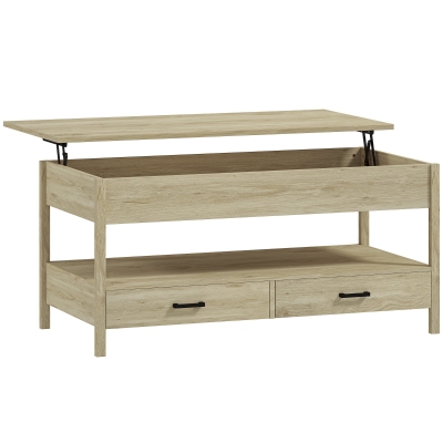 HOMCOM Mesa de Centro com Bancada Elevável Espaço Oculto de Armazenamento Gavetas e Prateleira Aberta 100x50x48-62 cm Carvalho