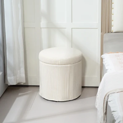 HOMCOM Puff de Arrumação Baú de Arrumação Redondo Estofado em Veludo Cotelê  Tampa Removível Ø40x41 cm Creme