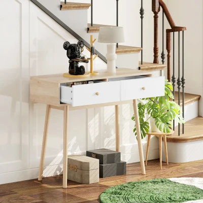 HOMCOM Mesa Consola Moderna Consola de Entrada Estreita com 2 Gavetas para Corredor Entrada Sala ou Dormitório 86x35x75 cm Carvalho