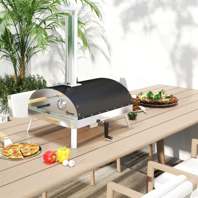 Outsunny Mini Forno de Pizza Exterior Portátil Forno a Lenha com Pedra Refratária Ø33 cm Termómetro e Bandeja Giratória 84x47x82 cm Prata