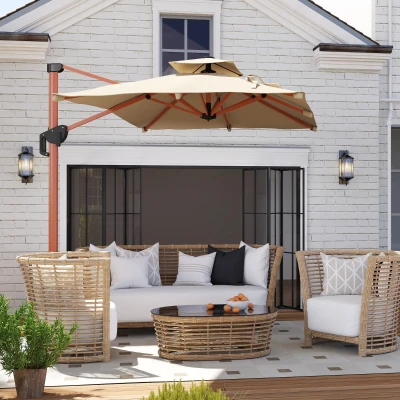 Outsunny Sombrilla de Jardín Excéntrica de Aluminio 300x198x252 cm con Protección UPF50+ y Base Cruzada Giratoria 360° Caqui