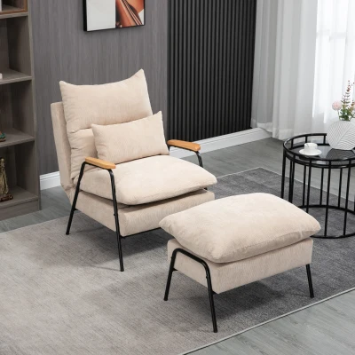 HOMCOM Polstersessel mit Hocker, Relaxsessel mit Liegefunktion, Polsterstuhl, Kissen, Fernsehsessel, 68 x 91,5 x 88 cm, Beige