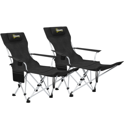 Outsunny Conjunto de 2 Cadeiras Dobráveis Campismo com Apoio para a Cabeça Porta-Copos e Bolsa Lateral 50-100x82x88 cm Preto