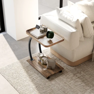 HOMCOM Mesa Auxiliar em Forma de C com Rodas para Sofá com Prateleiras Estrutura de Aço 52x34x60 cm Madeira e Preto