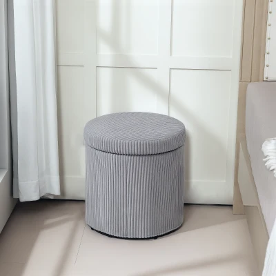 HOMCOM Puff de Arrumação Baú de Arrumação Redondo Estofado em Veludo Cotelê  Tampa Removível Ø40x41 cm Cinza Claro