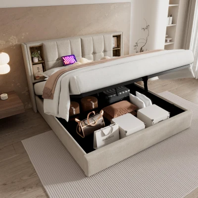 Upholstered Double Bed with Wireless Charging, Natural