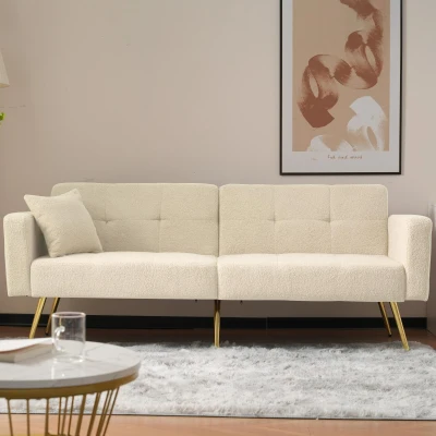 Sherpa Convertible Sofa Bed with 2 Side Pockets, Beige