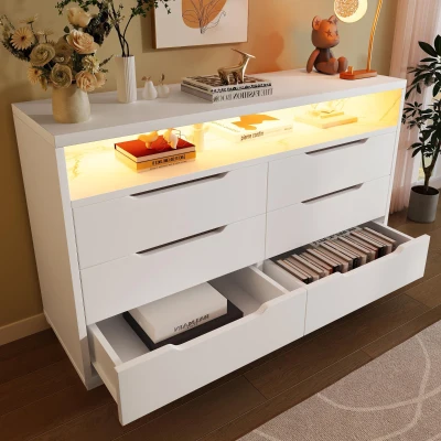 Marbled 6-Drawer Sideboard with RGB LED Lighting, White