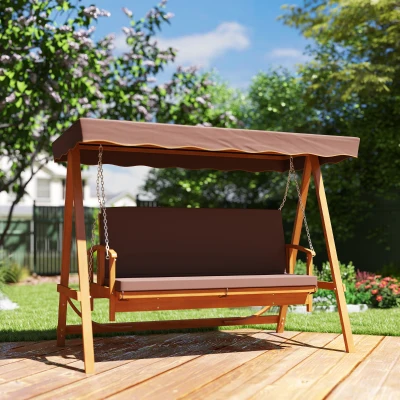 Outsunny Hollywoodschommel met Zonnedak, Echthouten Tuinschommel, Schommelbank met Ligfunctie, Voor 3 Personen, Bruin