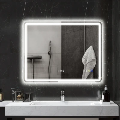 HOMCOM Badezimmerspiegel mit LED-Beleuchtung, Anti-Beschlags-Pad, 3 verstellbare Farben, Uhr, 700 x 900 mm, Silberfarben