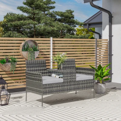 Outsunny 2-Seater Rattan Chair with Table Charcoal Grey