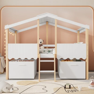 Children's Wooden Storage Bed with Safety Guardrail, White+Natural