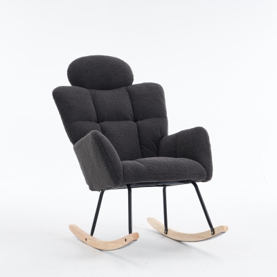 Ergonomic Teddy Fabric Rocking Chair with Tufted Seat, Dark Grey