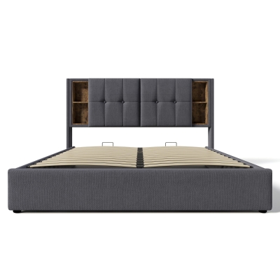 Upholstered Double Bed Frame with Wireless Charging and Hydraulic Storage, Grey