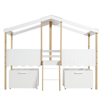 Children's Wooden Storage Bed with Safety Guardrail, White+Natural