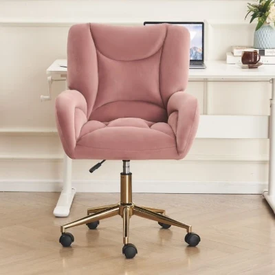 Height-Adjustable Velvet Swivel Office Chair with Universal Wheels, Pink