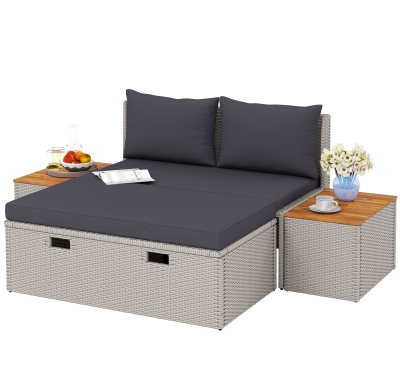 Outsunny Polyrattan zonnebed voor 2 met voetensteun, opbergruimte en kussens 125x114x72,5 cm Grijs