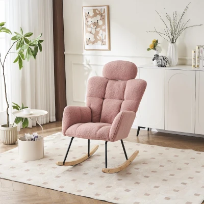 Upholstered Tufted Teddy Fabric Rocking Chair with Headrest and Backrest, Pink