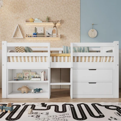 Children's Wooden Storage Bed with Safety Guardrail, White