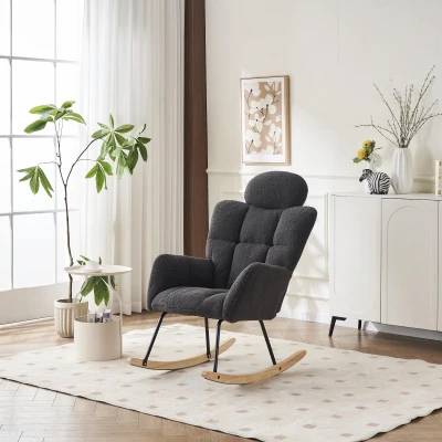 Ergonomic Teddy Fabric Rocking Chair with Tufted Seat, Dark Grey