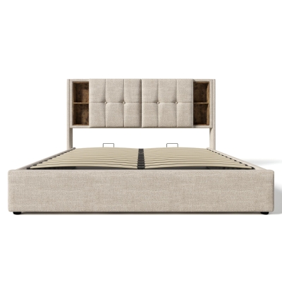 Upholstered Double Bed with Wireless Charging, Natural