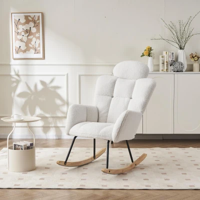 Teddy Fabric Rocking Chair with Tufted Upholstery, White