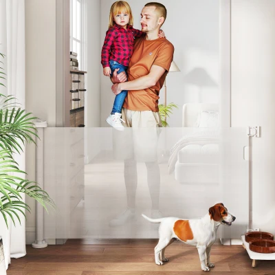 PawHut Barrera de Seguridad para Perros Retráctil con Interruptor de Cierre para Puertas Escaleras Pasillos 142x10x87 cm Blanco