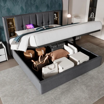 Upholstered Double Bed with Wireless Charging and Hydraulic Storage, Grey