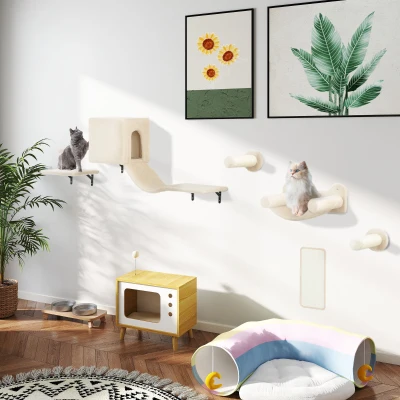 PawHut Juego de Escalada para Gatos de Pared de 6 Piezas con Condominio Plataforma Hamaca Escaleras y Tabla de Rascar Beige