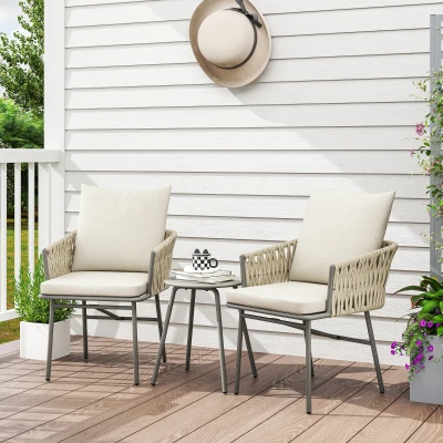 Outsunny Conjunto de Muebles de Jardín de Ratán Sintético con 2 Sillas con Cojines Extraíbles y Mesa con Tablero de Metal Gris