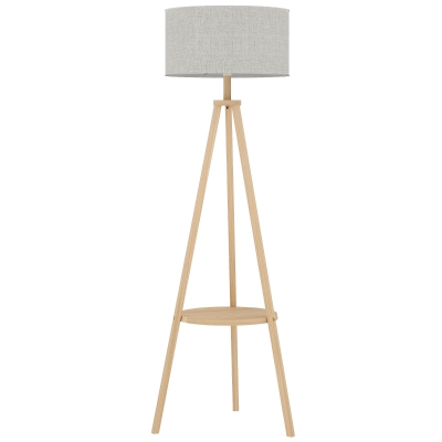 HOMCOM Lámpara de Pie Tipo Trípode con Estructura de Madera Natural y Pantalla de Tela Gris con Estante Integrado 48x48x153 cm